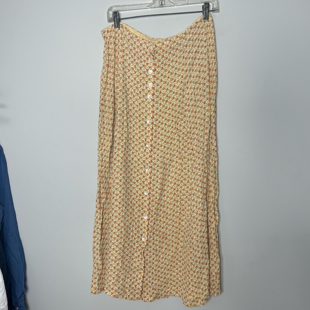 Vintage April Cornell Floral 100% Rayon Skirt Yellow Maxi Long Midi 339